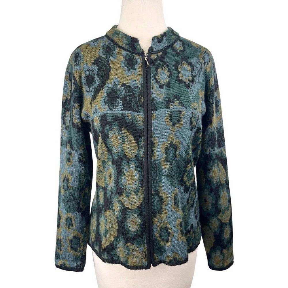 Caamano Alpaca Cardigan Medium Floral Retro Blue Green Black‎ Peru Boho Zipper